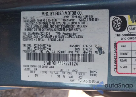 2012 Ford Fusion Se from USA, damaged, VIN 3FAHP0HA6CR221124